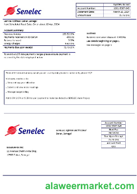 Senegal Senelec Agence Sacré Coeur Company electricity business utility bill template in Word and PDF formats